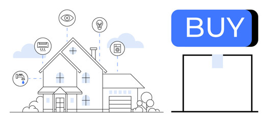 Fototapeta premium Smart home with connected devices including security camera, light bulb, washing machine, thermostat, and faucet. Ideal for smart technology, home automation, security, convenience, modern homes