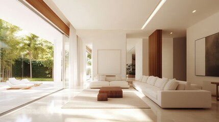 An open-concept luxury living room with a floor-to-ceiling glass wall offering a stunning garden view, accentuated by soft lighting and chic, elegant furnishings.