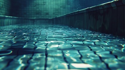 A detailed shot of swimming pool tiles under water.