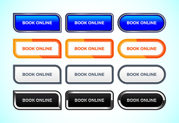 Obraz premium Book online button set of different shapes and colors. Suitable for mobile app, and website UI design.