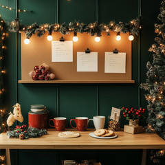 Coworking Space with Festive Decorations and Blank Bulletin Board