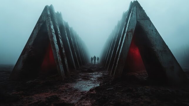 A group of men venture through a resplendent mist past towering, triangular structures partially lit with red hues, evoking an aura of mystery and intrigue.