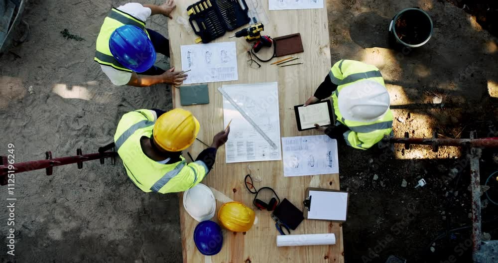 Aufkleber above, men and paper on construction site for planning, urban development and project management wit