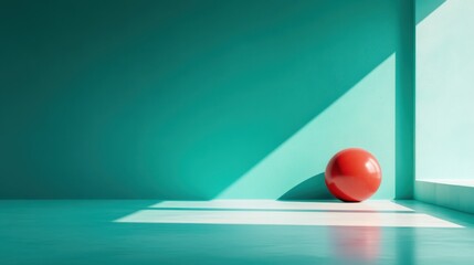 A red ball rests in the cyan room, highlighted by dramatic sunlight and shadows which creates a striking contrast and minimalist aesthetic scene.