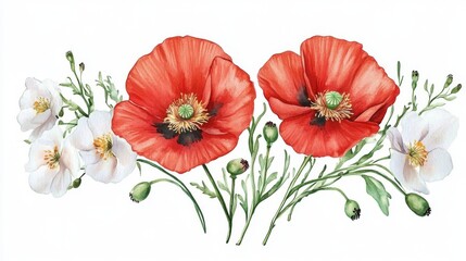 Fototapeta premium Stunning Watercolor Floral Arrangement of Red and White Poppies
