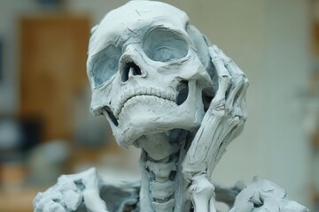 A sculpted skeleton in clay, depicting a thoughtful pose.