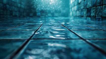 A detailed shot of swimming pool tiles under water.