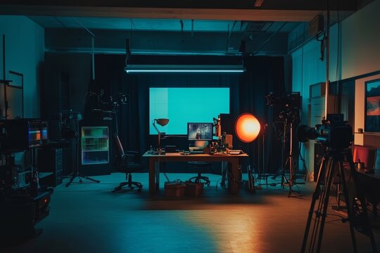 Film Studio Setup with Green Screen and Professional Equipment