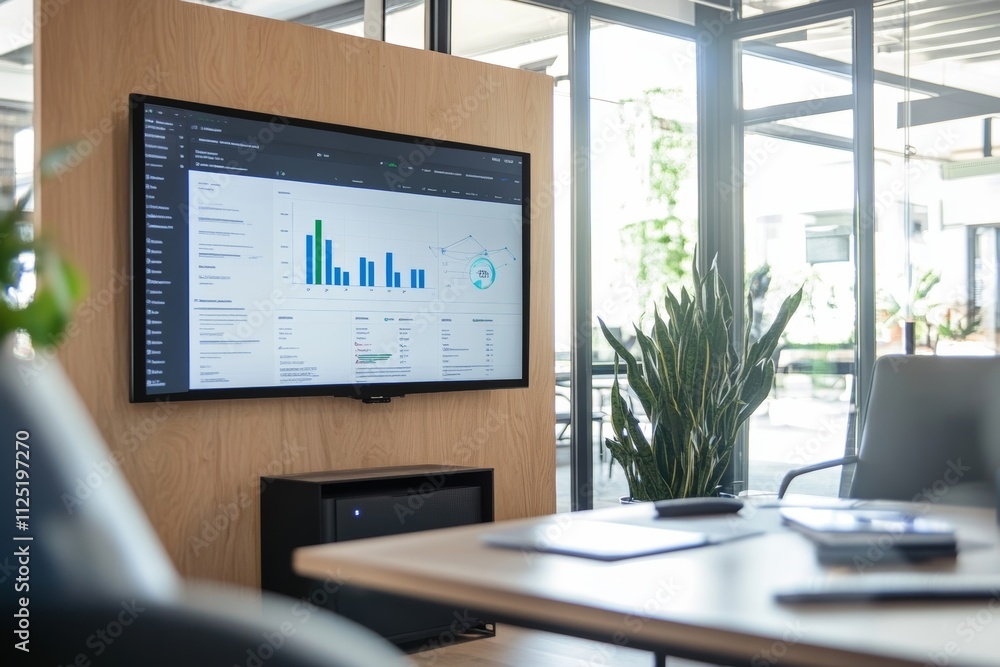 Poster modern office workspace with financial data displayed on a large screen