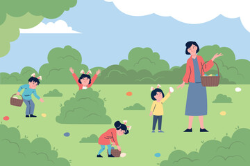 Naklejka premium Children easter egg hunt. Flat kids in park or garden looking around, hunting eggs and put in basket. Seasonal spring festival activity, recent vector scene