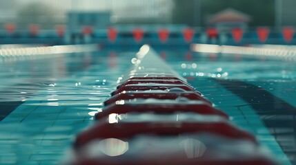 A detailed shot of the starting blocks at a swimming pool.