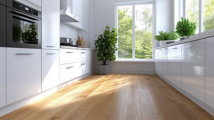 Fototapeta premium Modern white kitchen design with wood flooring and green plants enhances natural light in a contemporary home