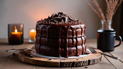 chocolate cake placed on a rustic wooden board