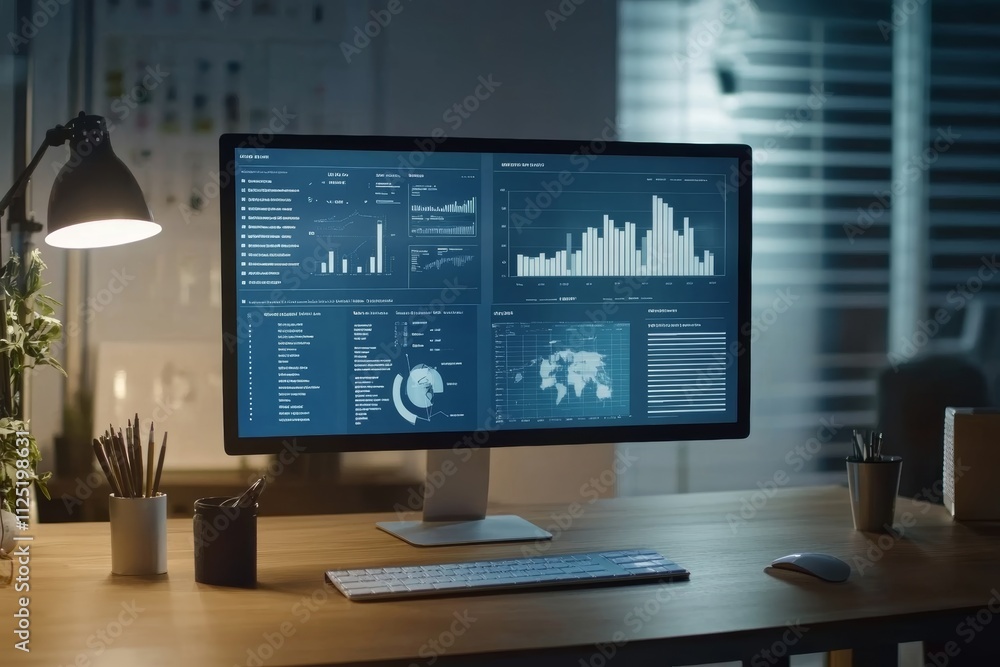 Aufkleber night workspace with data analytics on a large monitor