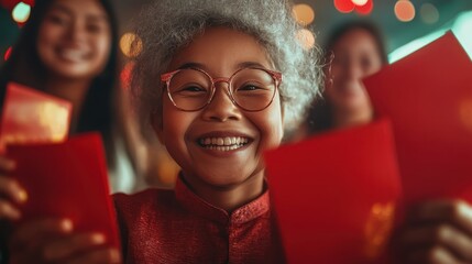 An elder with white curly hair and glasses beams with joy while holding red envelopes, standing amidst a lively festive backdrop filled with warmhearted celebration vibes.