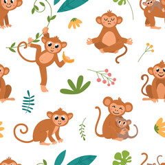 Obraz premium Funny monkey seamless pattern. Cute monkeys various poses characters. Exotic animals children fabric print, wrapping or wallpaper classy vector texture design