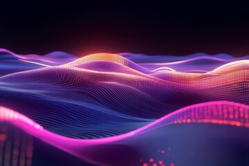 Naklejka premium Abstract Purple and Pink Digital Landscape with Glowing Lines and Particles