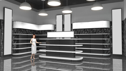 Retail store interior with advertising gondola with empty rounded shelves and saleswoman, blank lightboxes, wall shelves. 3d illustration © Wire_man