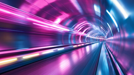 A futuristic tunnel with glowing pink and blue lights, creating a mesmerizing and abstract visual. Omniscient. Illustration