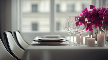 Elegant table setting with candles and wine prepared for a romantic dinner at sunset