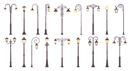 Vintage street lights. Flat decorative lights for sidewalk or urban boulevard. City or town landscape lighting elements, lamp posts racy vector set