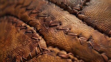 A detailed view of the stitching on a rugby ball.