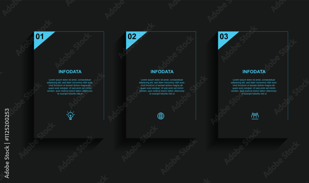 Poster modern design template infographic with black colour and 3 step square with shadow concept