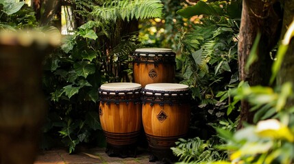 Outdoor drum ensemble performance in lush greenery nature scene vibrant setting captivating viewpoint for music enthusiasts