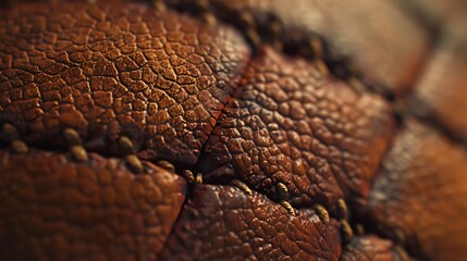 A detailed view of the stitching on a rugby ball.