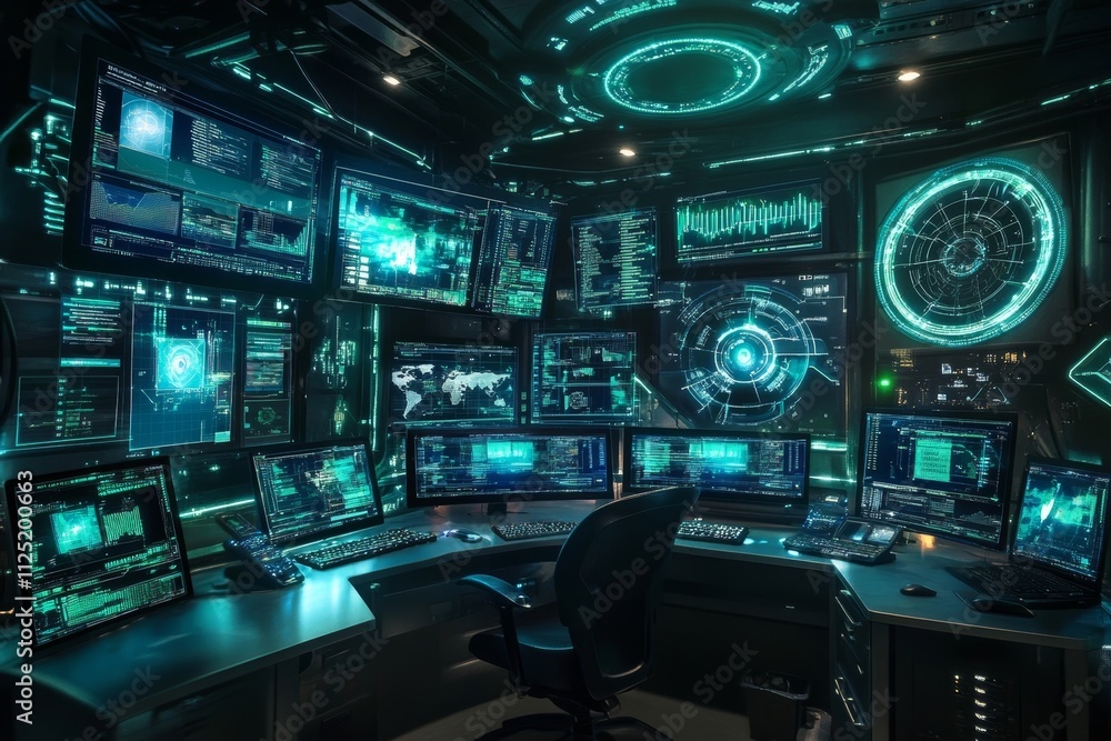 Poster futuristic hacker's workstation: a cyber security command center