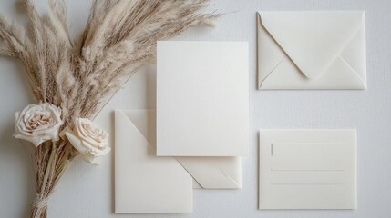 This elegant display showcases modern blank invitation cards with delicate white flowers and textured envelopes, ideal for any occasion