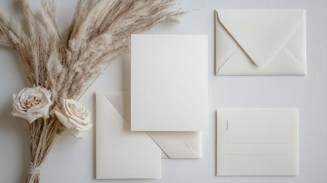 This elegant display showcases modern blank invitation cards with delicate white flowers and textured envelopes, ideal for any occasion