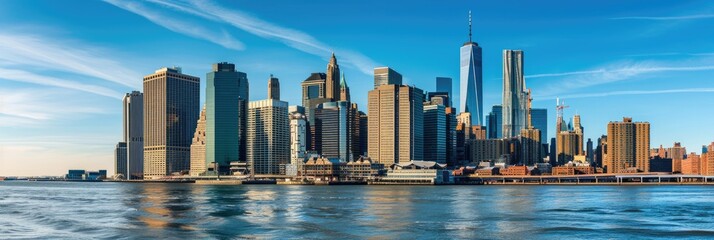 Fototapeta premium Iconic Manhattan: A Scenic Summer Skyline of New York City's Financial District