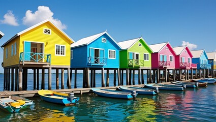 a vibrant and colorful scene of stilt houses along a waterfront.