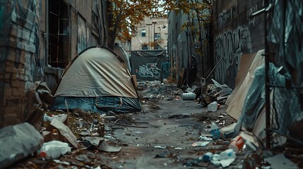 A dilapidated, empty tent in a deserted urban alleyway, surrounded by trash and debris.
