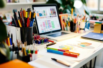 Colorful Artist's Workspace with Laptop and Drawing