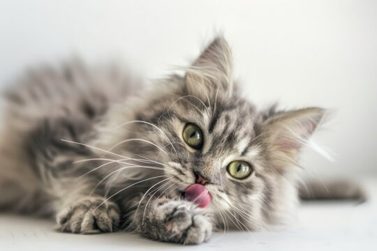This delightful longhair gray kitten with its striking green eyes lies on a white table. It is playfully licking its lips capturing a moment of joy and curiosity.