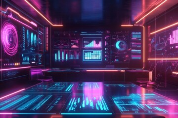 Obraz premium Futuristic Neon-Lit Control Room with Interactive Displays