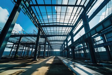 Obraz premium Industrial Steel Structure Workshop: Blue Sky Background for Manufacturing and Construction Industry