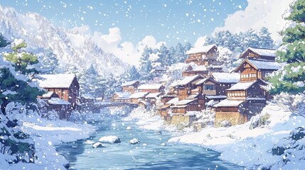 Serene Snowy Japanese Village with Flowing River in Anime Style AI generated illustration