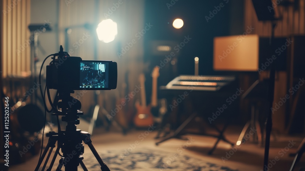 Aufkleber recording an interview in a conceptual television studio, featuring media technologies and a blurred