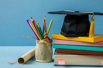 On graduation day a stylish mortarboard sits atop a vibrant stack of books alongside a rolled graduation scroll and a pencil case filled with colorful pencils all against a serene blue background.