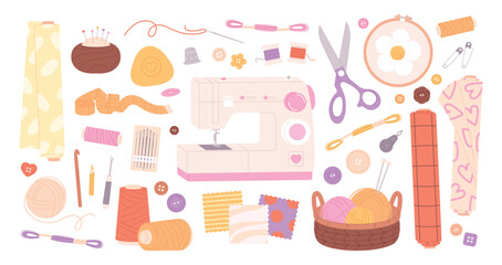 Sewing hand made design. Tools for sew, needles pins threads measuring tape. Embroidery and basket with wool, scissors, racy vector clipart