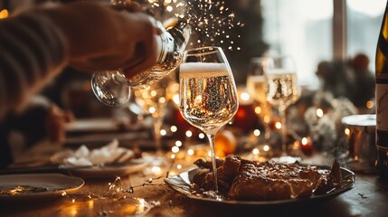Celebratory toast with sparkling drink festive dinner table food and drink photography cozy indoor setting close-up perspective joyful gathering concept