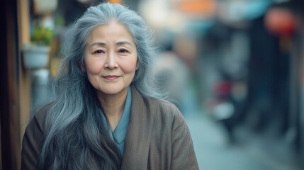 Obraz premium Woman with gray hair is standing in front of a building