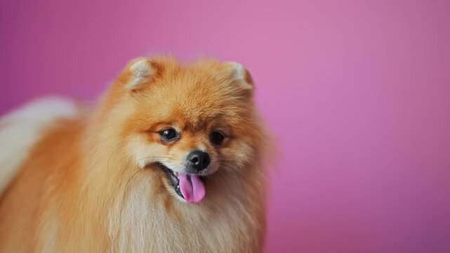 pomeranian spitz dog portrait on a pink background