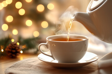 tea is poured from a teapot into a cup