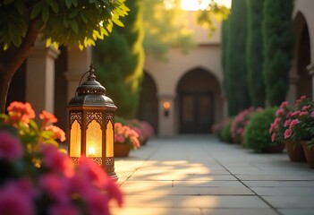 Lantern Lighting Pathway in Courtyard Garden at Sunset