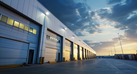 Obraz premium Large Retail Warehouse with Roll-Up Doors and City Skyline