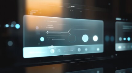 Minimalist futuristic interface with glowing data panels, smooth transitions, and soft bokeh effects, creating a sleek tech aesthetic. AI generative.